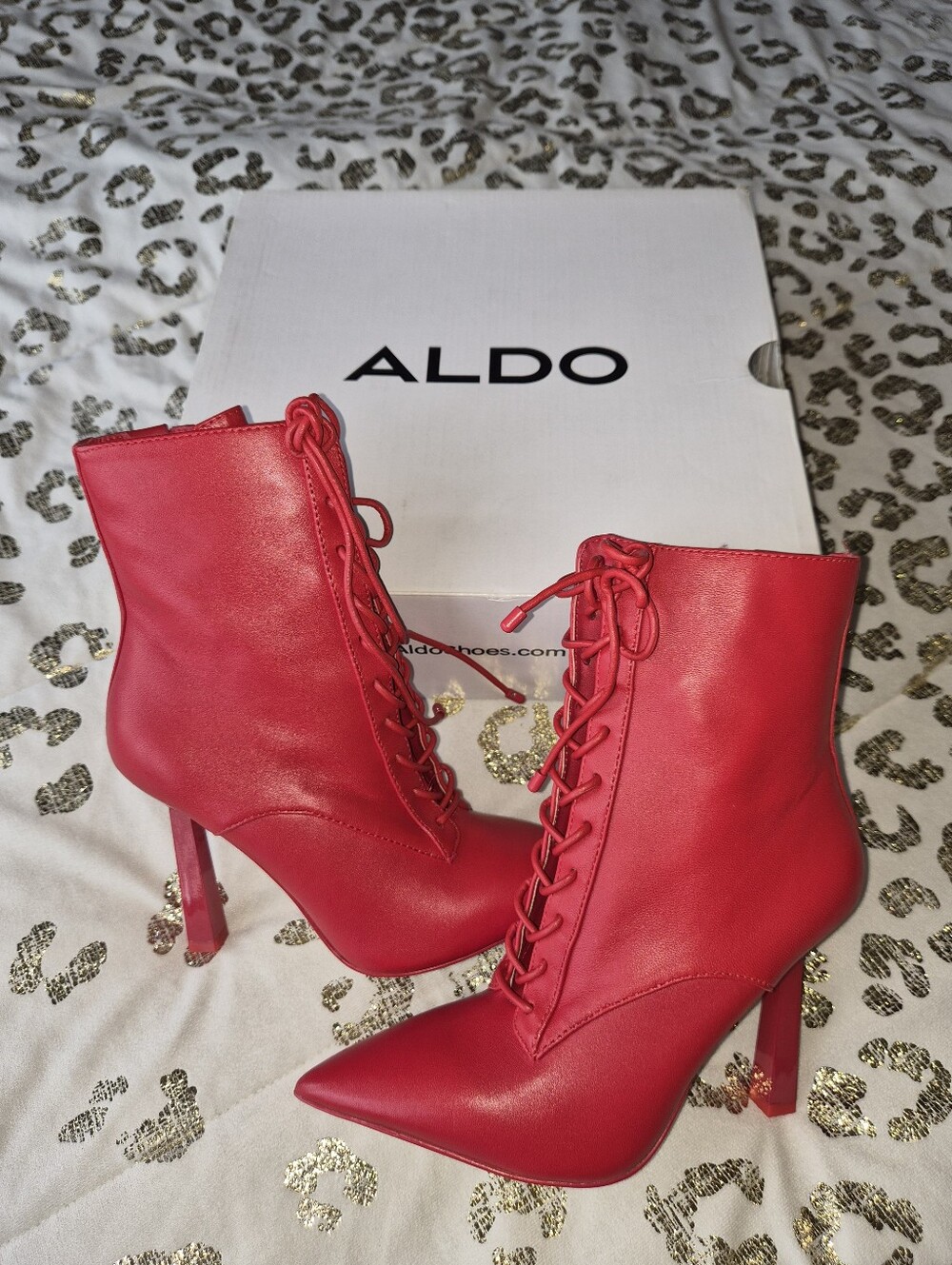 New In Box Aldo Began Red Leather Boots High Heel Ankle Boots Womens Shoe Size 6